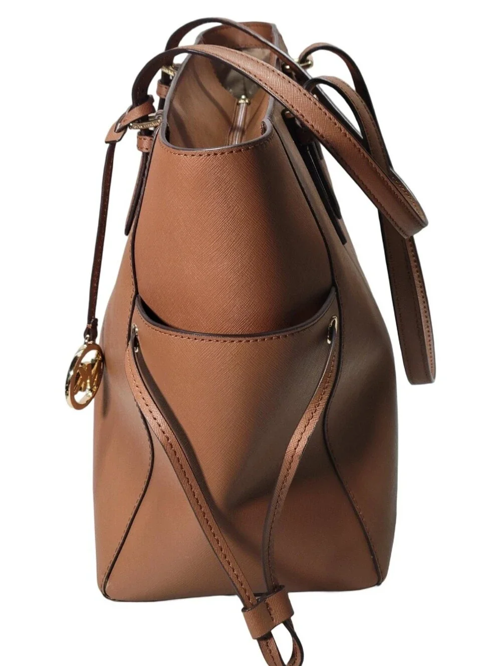 Michael Kors Brown Saffiano Medium Tote Zip Top Gold Hardware Charm Pockets